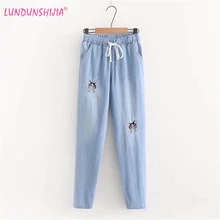 LUNDUNSHIJIA новые весенние женские брюки с вышивкой кота повседневные брюки для дам до середины талии на шнурке джинсы