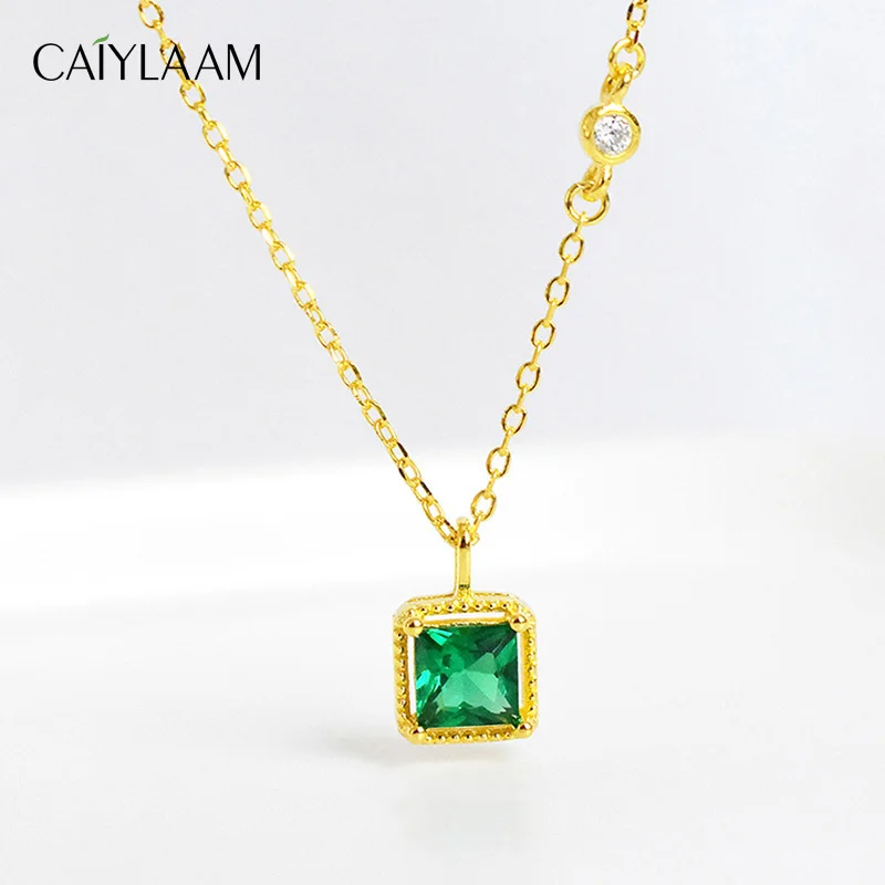 

CAIYLAAM Newest S925 Sterling Silver Pendant Necklace For Women Green Crystal Rhinestone Chain Necklace Female Jewelry Gift