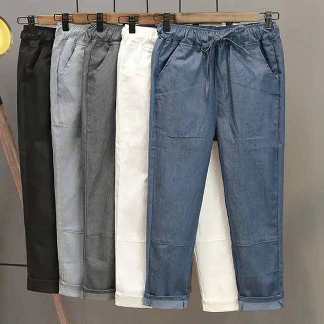 CK527 Casual Cotton Linen Elastic Waist Solid Calf Length Pants Women ...