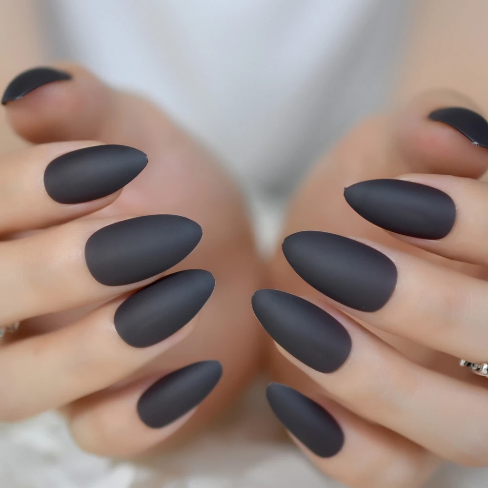 Uñas postizas de uñas postizas escarchadas de Stiletto gris negro ovalado puntiagudo cobertura completa uñas de de manicura Artificial|Uñas - AliExpress