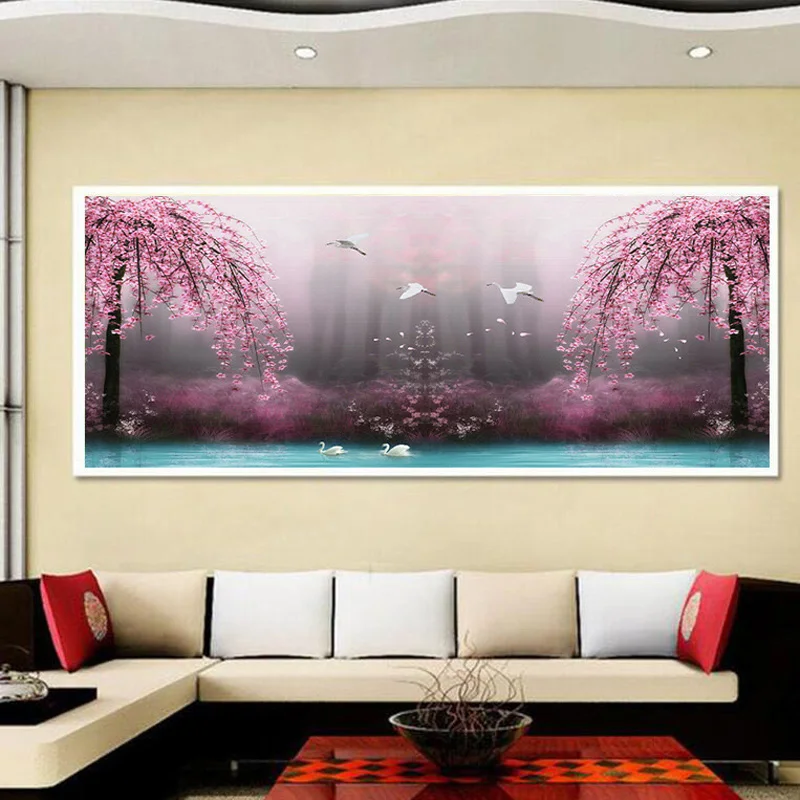 D SH Алмазная вышивка 5D DIY Картина Пейзаж вишня деревья Лебедь Вышивка крестом