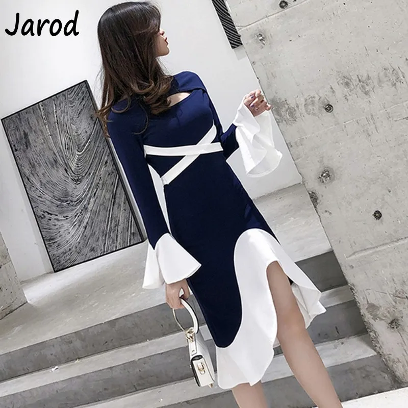 

2019 Women Spring Pencil Casual Sweet mermaid Dresses OL Ruffles cantrast color Bodycon OL party Dress Vestidos