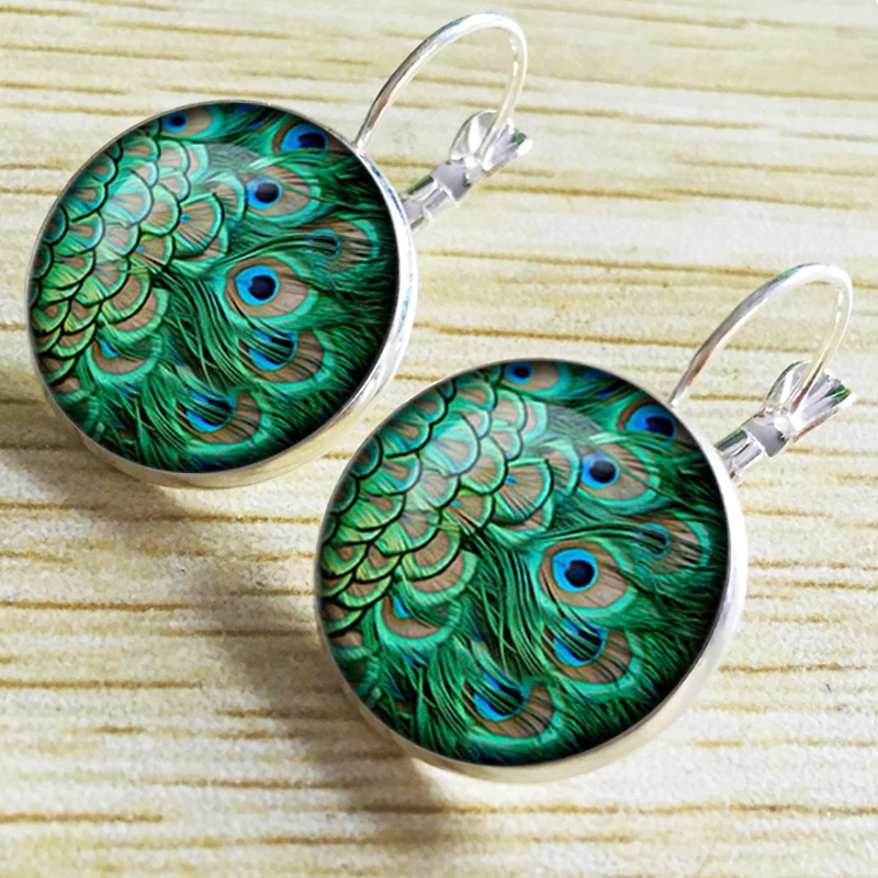 Image Dome fashion accessories crystal cabochon earrings unique art peacock feather earring jewelry charm pendant handmade jewelryEF31