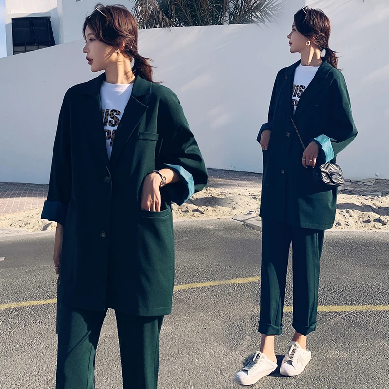 

2019 New Fashion Casual Loose Pant Suits Two Piece Solid color High quality Small Suit Jacket Spring Autumn Women Suit NUW461