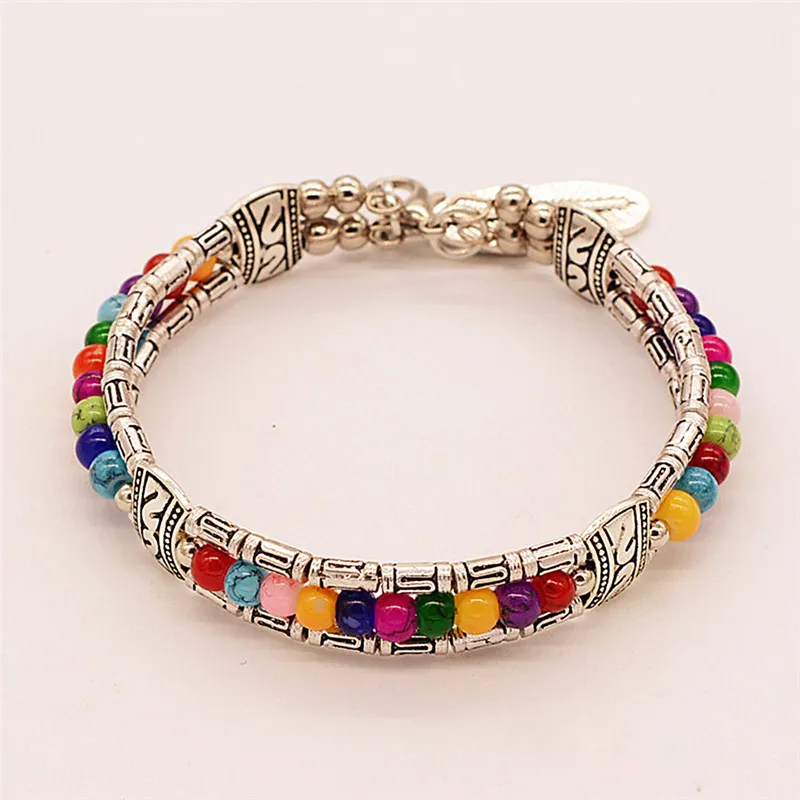 Модный винтажный тибетский серебряный браслет с разноцветными бусинами Цыганский богемный стиль браслет ювелирные изделия для женщин подарок