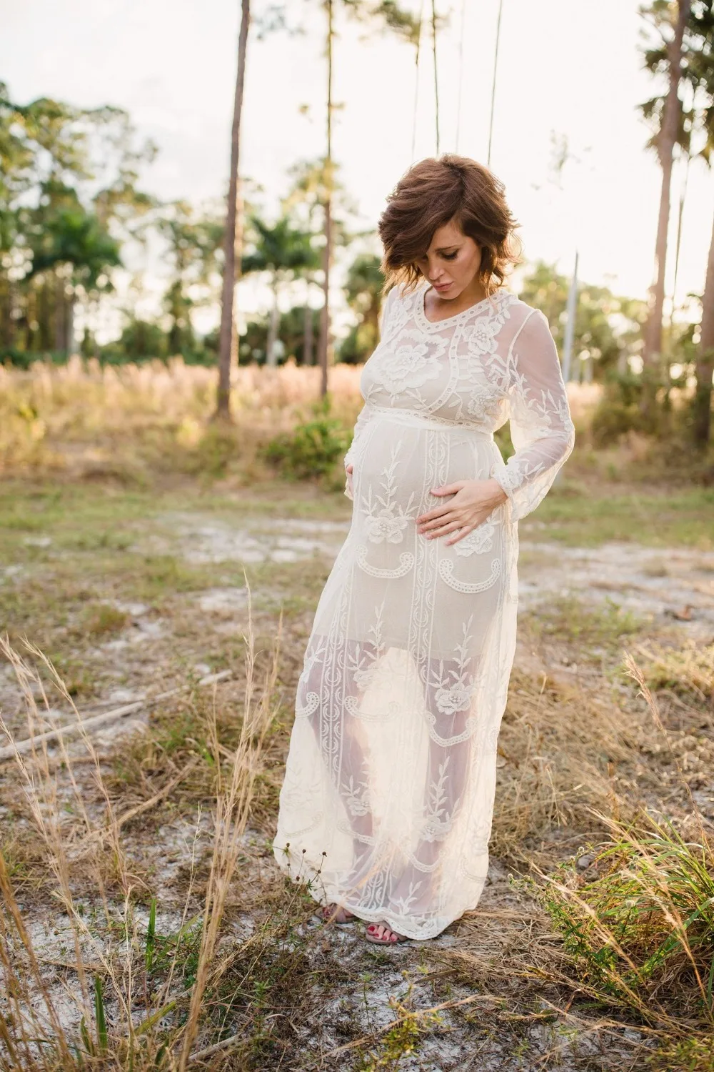 Белое кружевное платье для беременных фотография Реквизит o-образным вырезом с длинным рукавом свадебное платье для беременных Платья для фотосессии ткань плюс