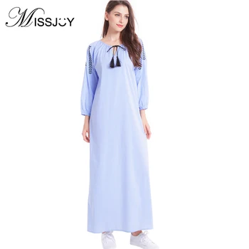 

MISSJOY Arabic Abaya Muslim party Dresses islamic clothing Blue Striped Embroidery Loose Middle East Muslim Dubai maxi dress