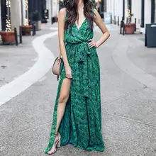 Vintage Summer Maxi Dress Women Floral Print Dress V-Neck Sleeveless Split Sexy Boho Beach Party Dress WS5903V