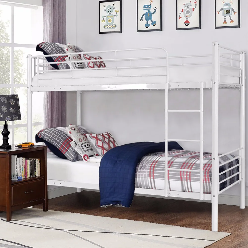 Giantex Metal Twin Over Twin Bunk Bed with Ladder Kids Teens Dorm Bedroom Furniture White Black Steel Bunk Bed Frame HW56238+ Giantex Metal Twin Over Twin Bunk Bed with Ladder Kids Teens Dorm Bedroom Furniture White Black Steel Bunk Bed Frame HW56238+