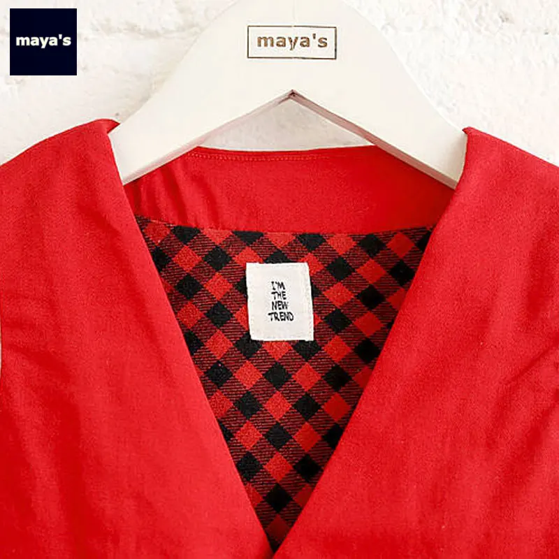 Mayas Red Solid Color Plaid Sleeveless Kids Vest Soft Breathable Children V Neck Waiscoats Toddler Spring Basic Tops 82051