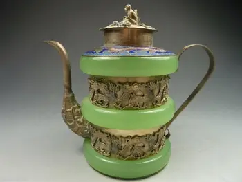 

Collectible Handwork Decoration Tibet Silver Inlay Jade Carve dragon Teapot