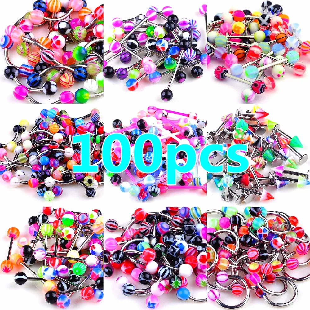 100pcs/Lot Mixed Ball Tongue Ring Navel Nipple Barbell Rings Bars Body Jewelry Piercing | Украшения и аксессуары