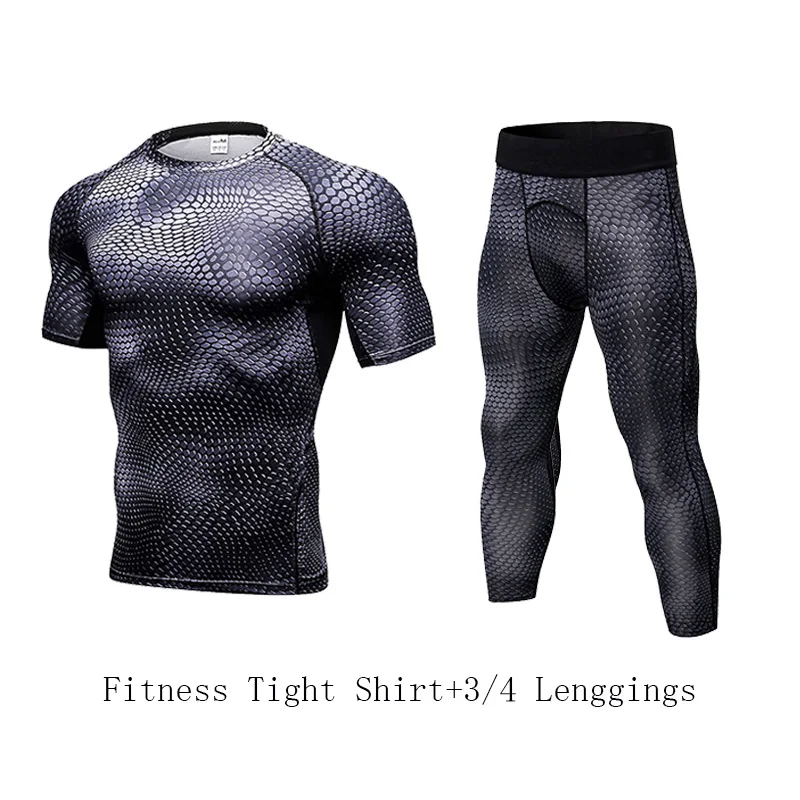 

YD Muscle Men's Compression Suit 3/4 Leggings+Tshirt Quick Dry 2 pcs/set Running Set Fitness Tight Sport Jogging Suit Sportswear