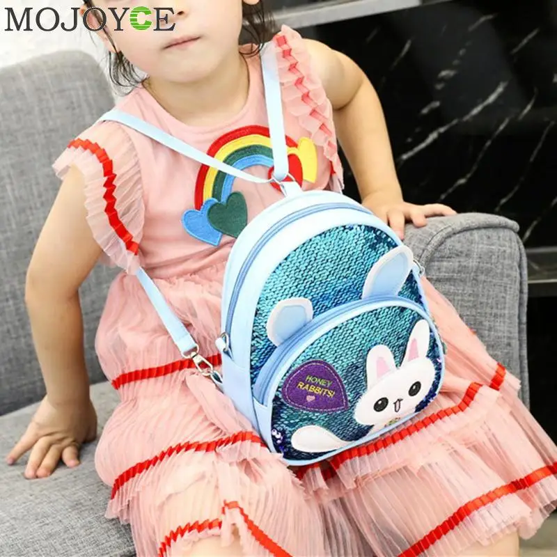 New Fashion High Quality Children Girls Babbit Bag Leather+ Sequins School Bookbag Travel Backpack Rucksack Zipper