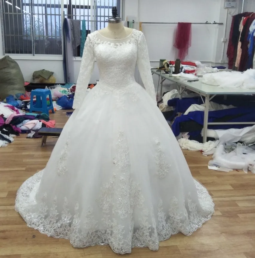 

Long Sleeves Ball Gowns Wedding Dresses 2019 Real photos Princess Puffy Lace Beaded Custom Made Merry Bridal Gowns for Women