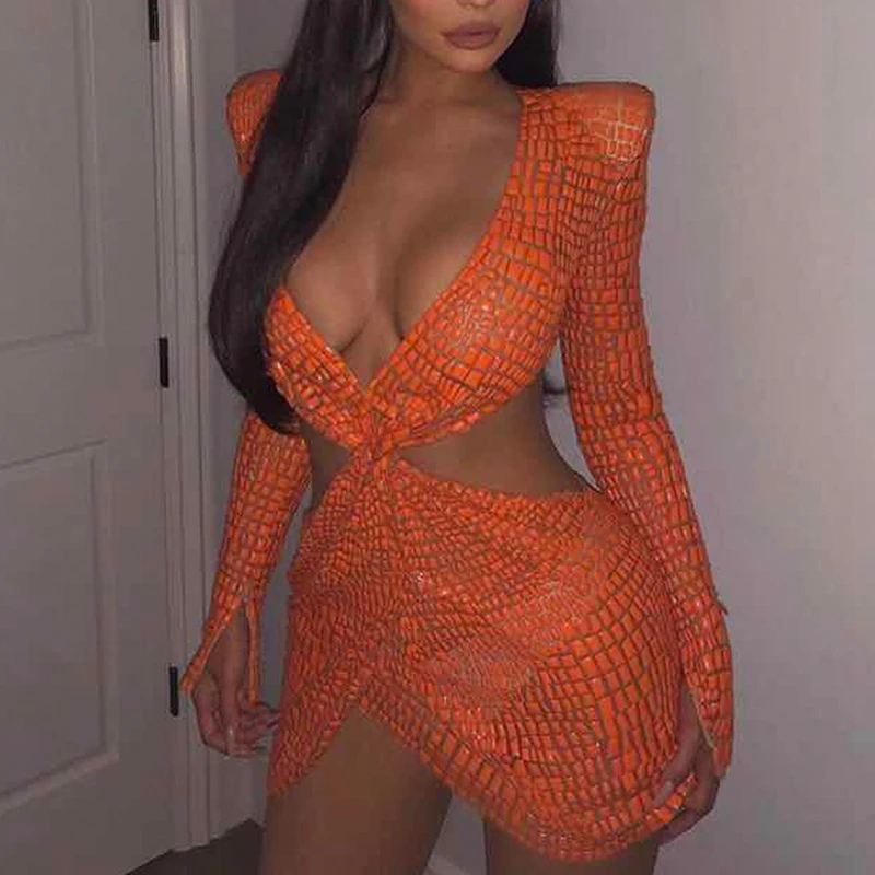 

Newest Fashion Style 2019 Long Sleeve Snakeskin Sexy Orange Women Summer Dress V Neck Celebrity Party Dresses Wholesale Vestidos