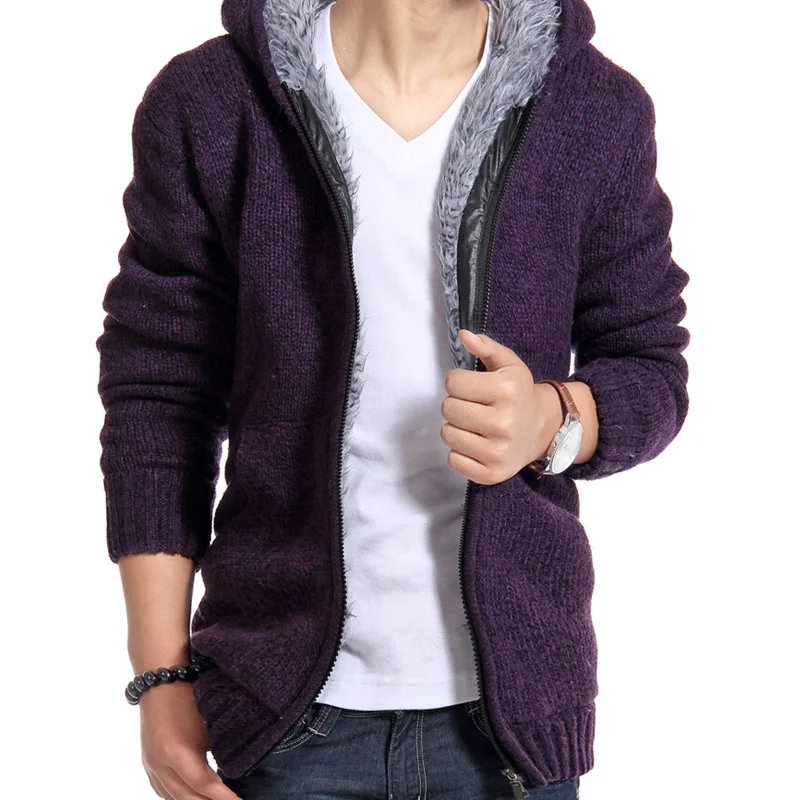 Мужская куртка из плотного бархата с капюшоном, меховые куртки, мужские зимние стеганые Повседневные вязаные свитера, кардиганы, пальто, верхняя одежда, толстовки, парки - Цвет: Purple