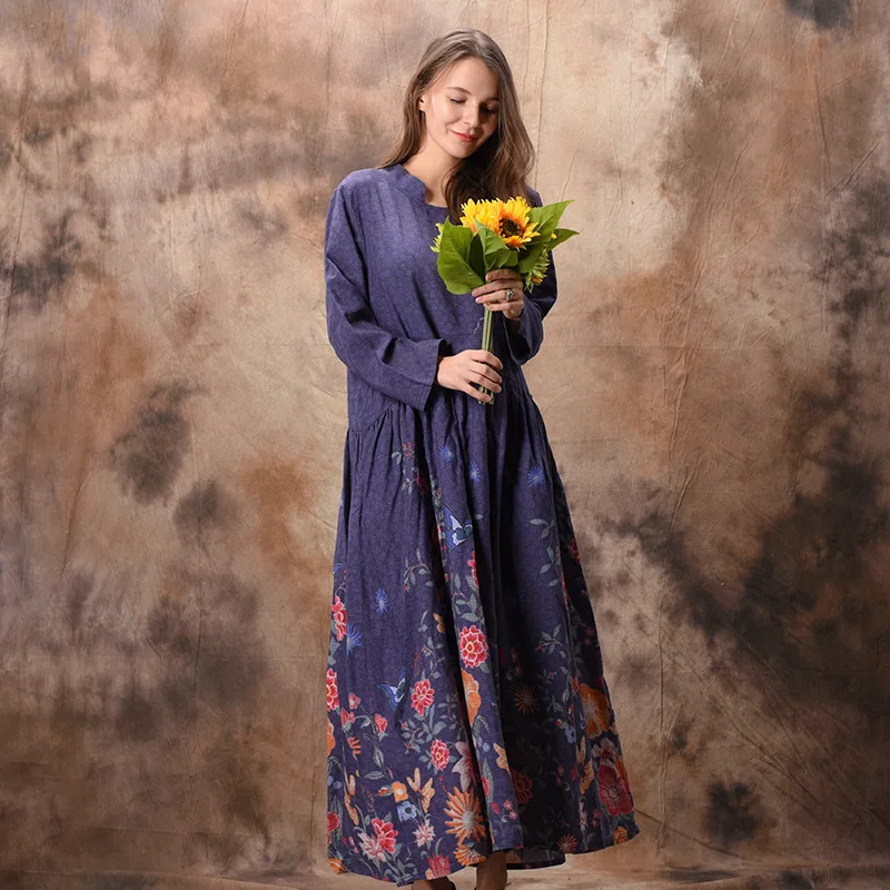 Women Spring Printed Cotton Linen Plus Size Dress Loose Ladies Elegant