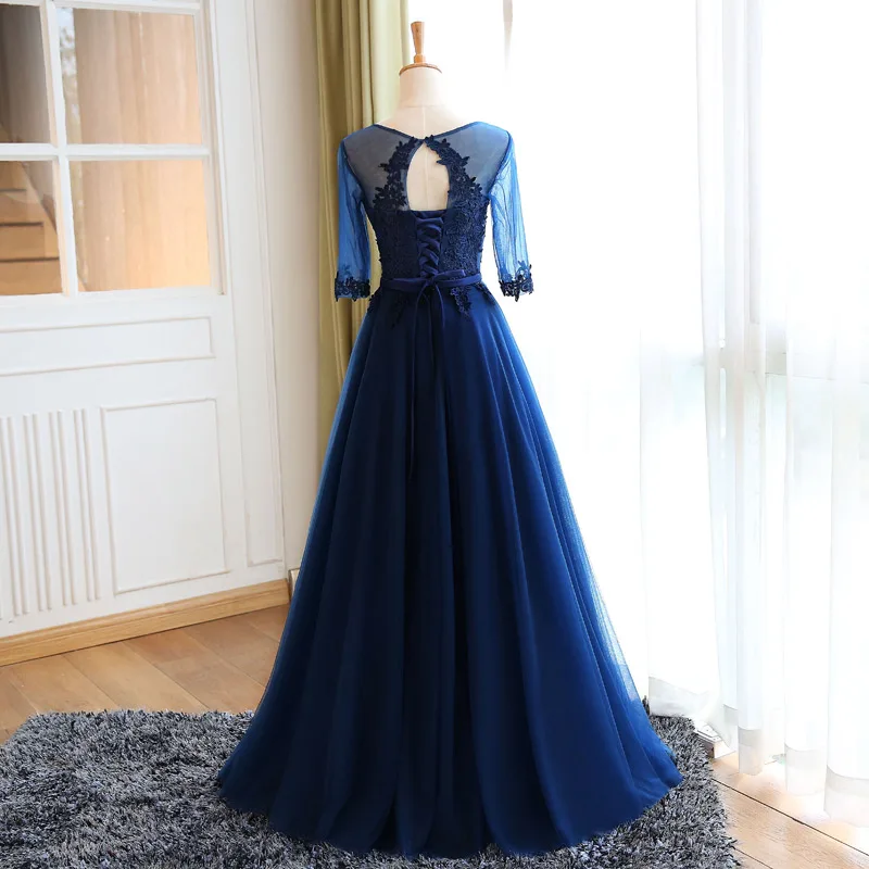 Robe de soiree темно-синее с овальным вырезом, с коротким рукавом, кружевное, с вышивкой, ТРАПЕЦИЕВИДНОЕ длинное вечернее платье, vestido de festa, платья для выпускного вечера