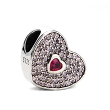 Подлинный 925 Серебряный в форме сердца с фиолетовой эмалью и CZ с шармы со стразами DIY Браслеты для влюбленных свадебный подарок