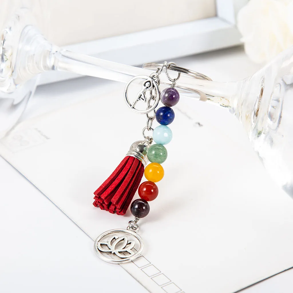 

Fashion 7 Chakras Energy Beads Lotus Flower Tassel Pendant Key Ring