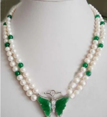 

huij 001098 Real White Pearl Green Jade 18KWGP Crystal Butterfly Pendant Necklace