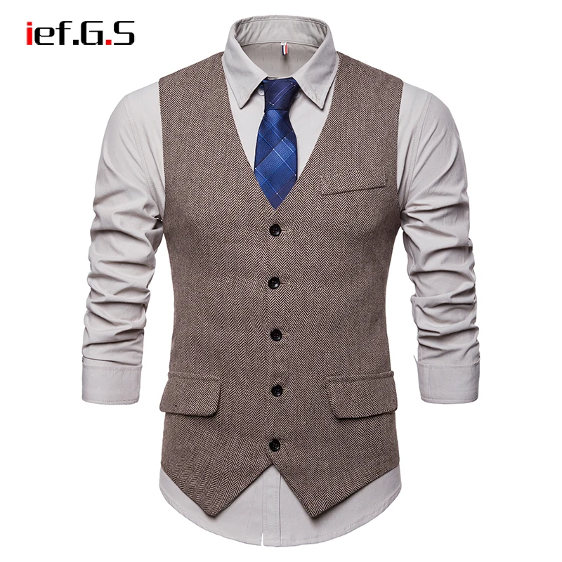 IEF.G.S Men's Vest Giletmen Herringbone Pattern Waistcoat Business