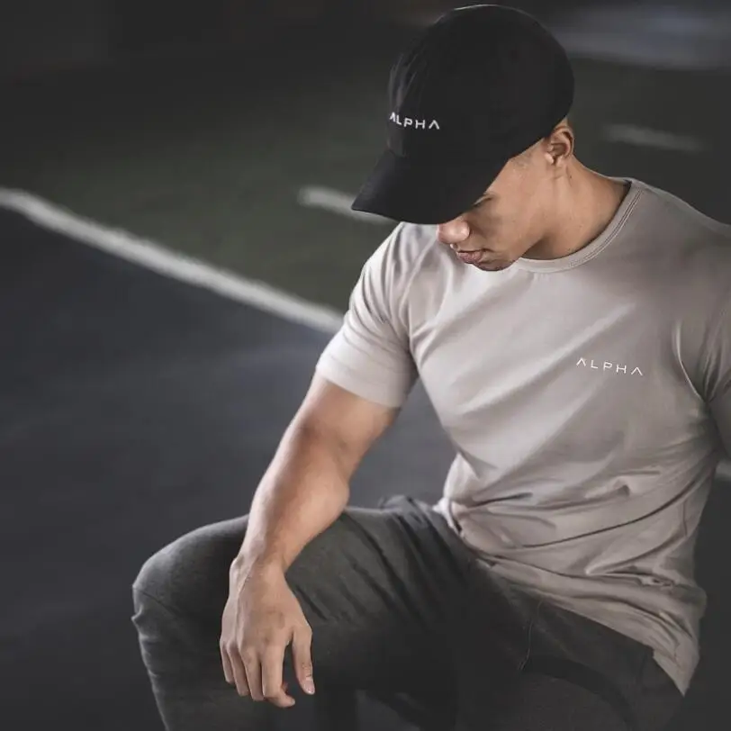 

2019 Summer New Men's Sport Stretch Cotton Running Machine Workout Short Sleeve T-shirt Casual Solid Color Alpha Fitness T-shirt