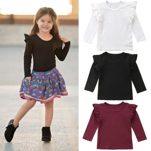 

Baby Girl Toddler Kids Ruffle Long Sleeve Tops Tee Shirt Clothes Solid Color T-shirt