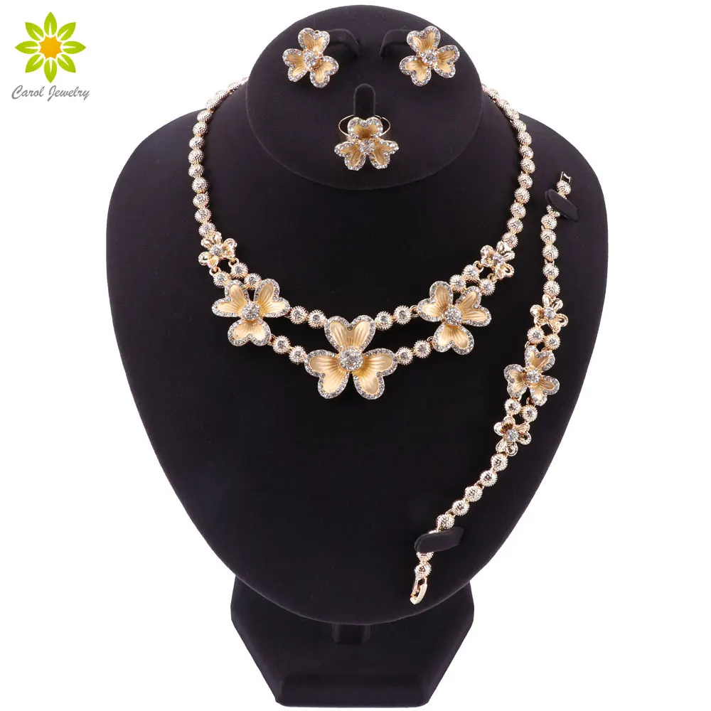 

African Jewelry Sets Flower Style Gold-color Bridal Wedding Accessories Necklace Bracelet Earrings Rings Set