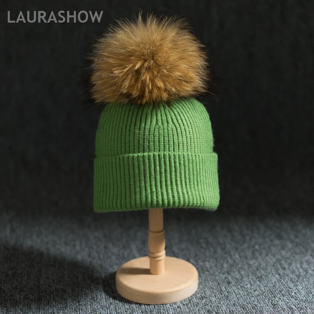 

LAURASHOW Mink Raccoon Fur Ball Cap 16cm PomPoms 30% Wool Winter Hat For Women Girl Hat Knitted Beanies Cap Brand New Female Cap