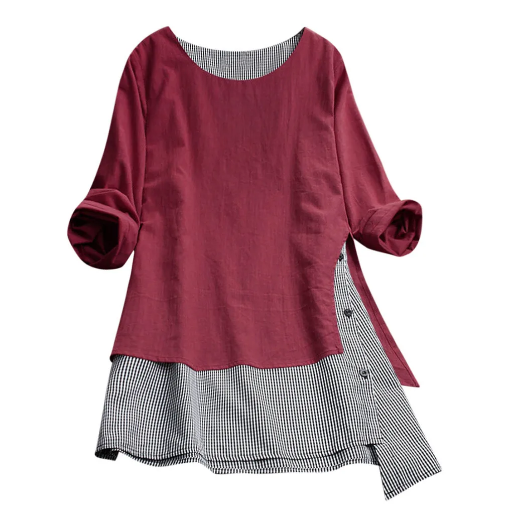 Женские топы и блузки размера плюс 5XL, винтажные Лоскутные женские топы на пуговицах, женская блуза с длинным рукавом, женская одежда - Цвет: Красный
