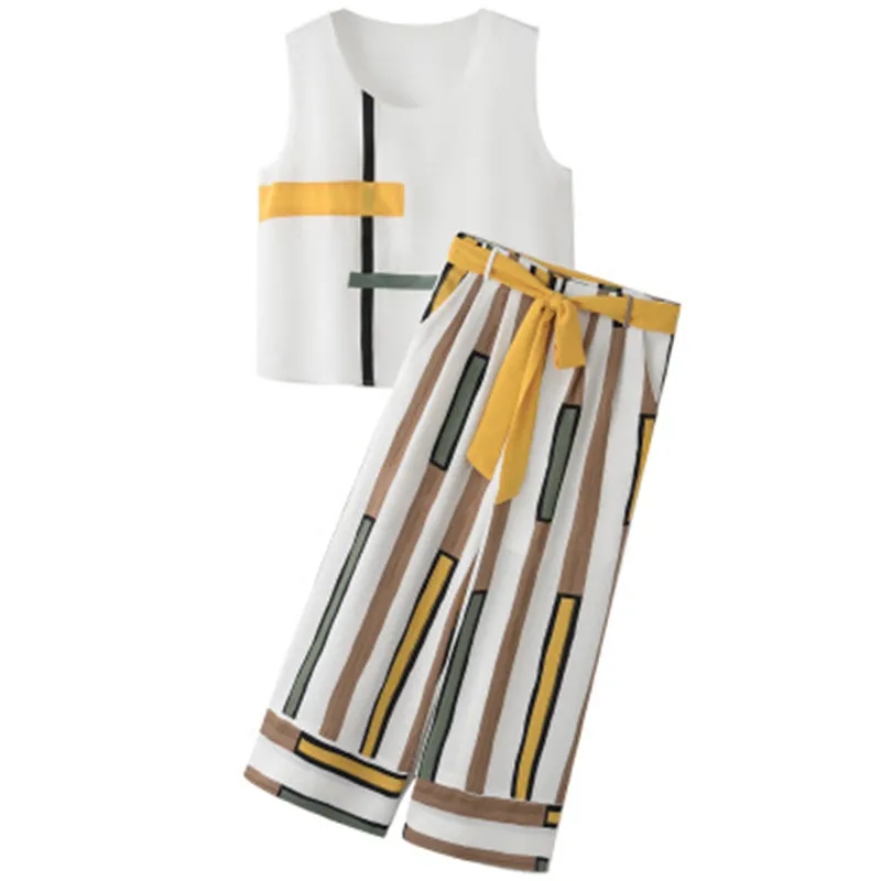 2018 Women Office Lady Two Piece Set Women Summer Sleeveless Striped Chiffon Tank Top Wide Leg Pants Elegant Casual Work Suit Women's Sets