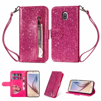 

20pcs/lot Glitter Zipper bag 3 card+photo frame shell leather flip cover case for Samsung Galax J3 J4 J6 J7 2018 cases