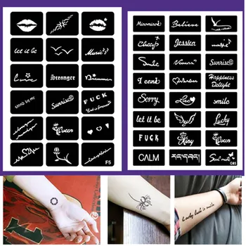 

54PCS/SET Henna Stencils English Letters Sentence Arabic Pochoir Fashion Airbrush Stencil Design Glitter Tattoo Set