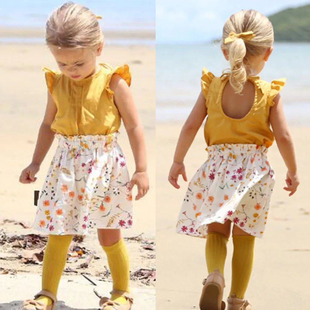 Toddler Kids Dresses for Baby girls dress Ruffled Tops Floral Print Skirts 2PC Outfits Sets Summer Clothes set Dropshipping |