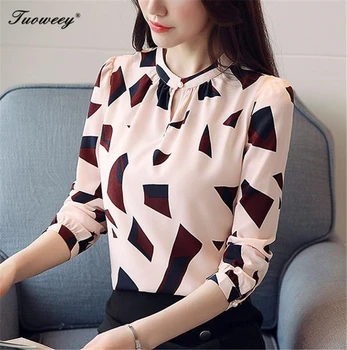 

New geometry 2018 spring blouse women printed shirt female office OL long sleeve chiffon shirt fashion loose clothing