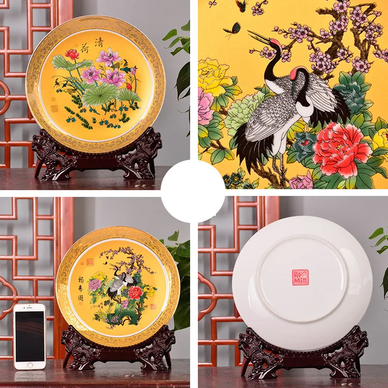 Golden Pine And Crane Ceramic Plate Ceramic Ornamental Plate Decoration Plate Wood Base Porcelain Plate Set Wedding Gift 3
