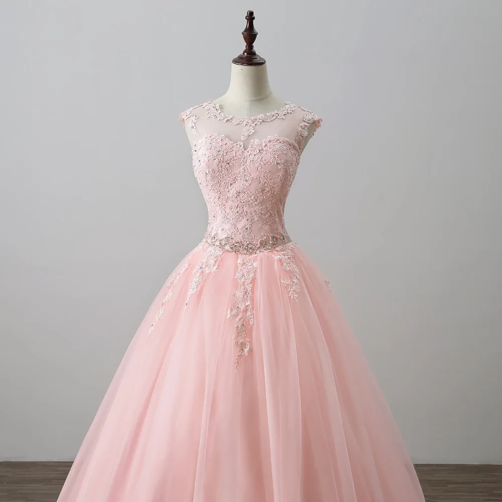 Quinceanera Dress Debutante Gown Party Gown ANGELSBRIDEP Sweet 16 Pink Sheer Neck Applique Hollow Back Sexy