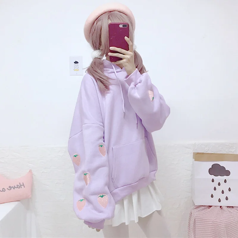 2019 Новый Для женщин Harajuku толстовки с капюшоном и вышивкой в виде ягод клубники