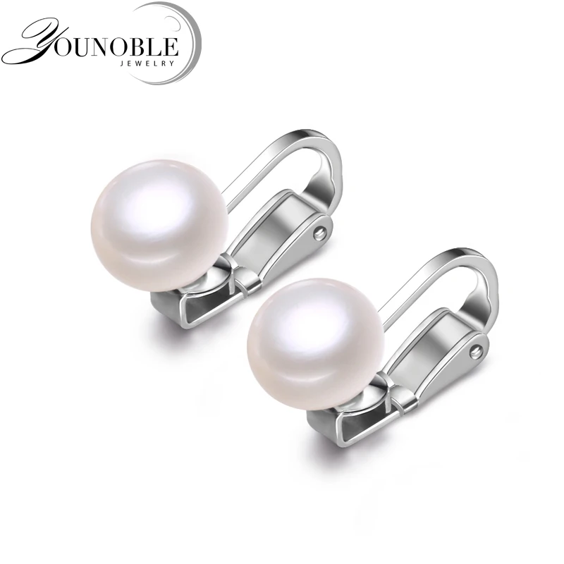 

YouNoble White real natural freshwtaer pearl earrings for women,925 silver pearl earrings no ear hole girl party gift fashion