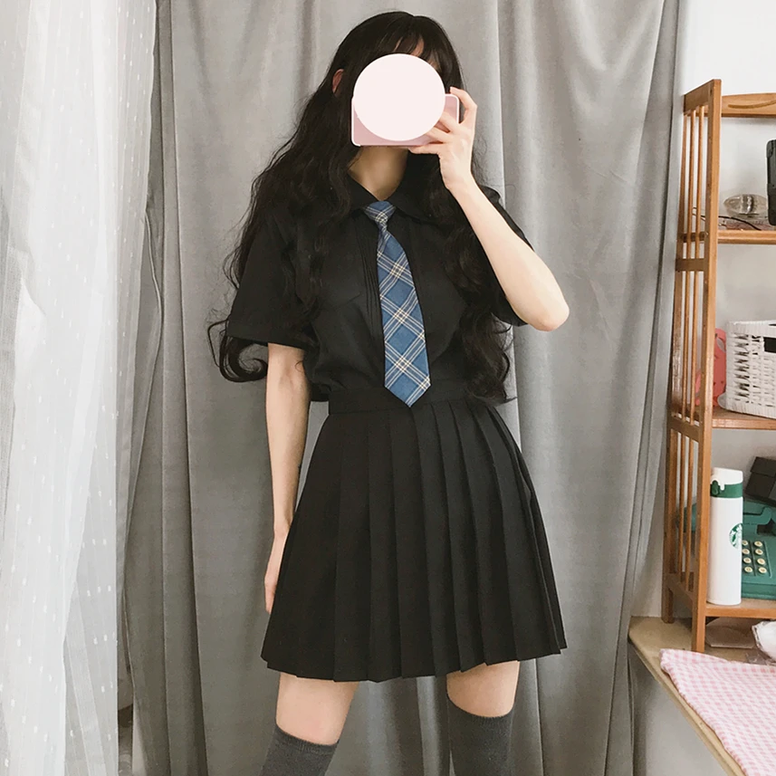 

2019 arrival sailor suit school uniform sets jk school uniforms for girls white shirt and dark blue skirt suits student