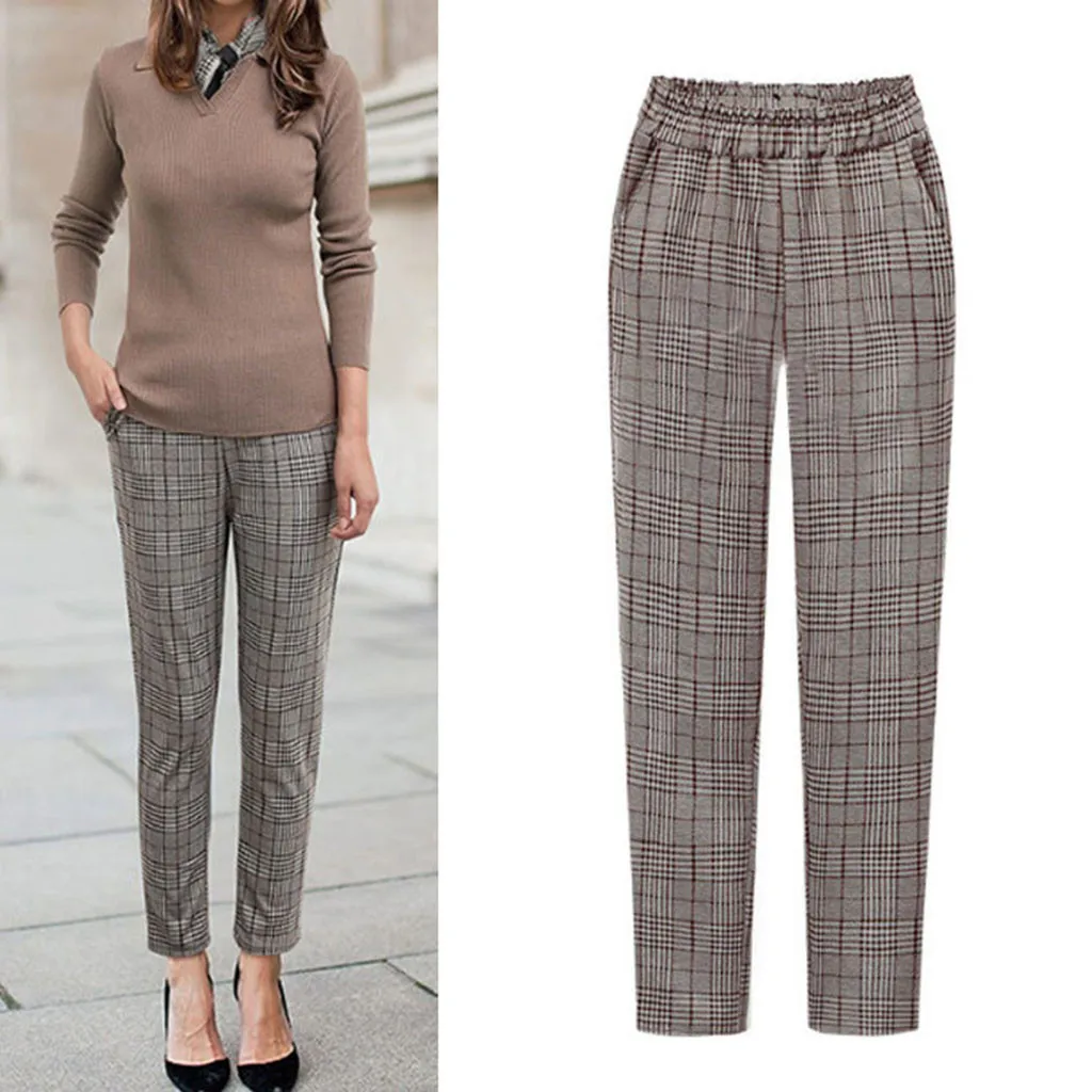 

Women Elastic Waist Plaid Pants Plus Size Winter Casual Fittness Pants with Pockets High Quality Female Trousers pantalon femme