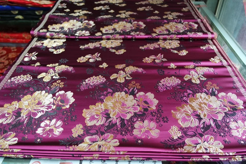

chinese traditional 75CM Polyester fabric brocade cheongsam Scarlet dark red deep red back with big peony pattern Tapestry satin