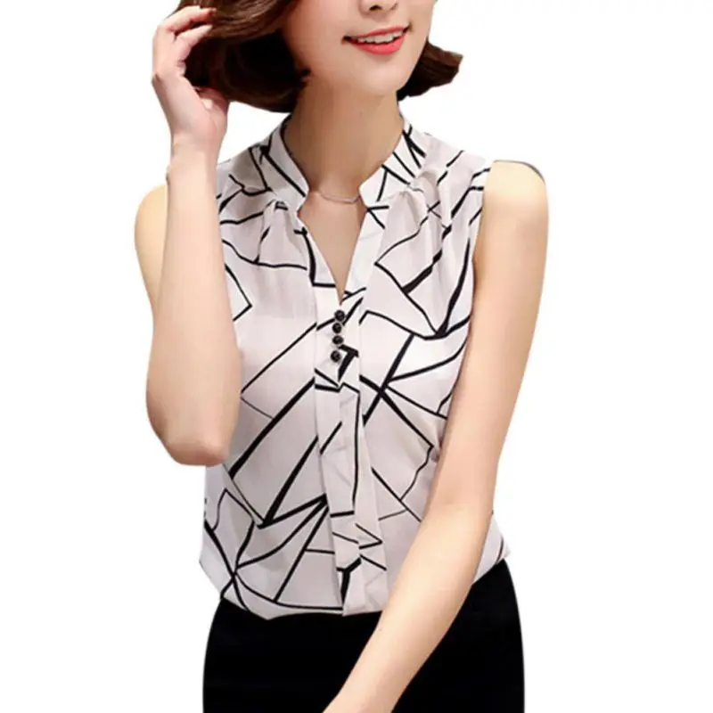 

Summer Women Tops Casual Sleeveless V-Neck Fashion Women Blouse Shirt Chiffon Print Blouses Ladies Blusas