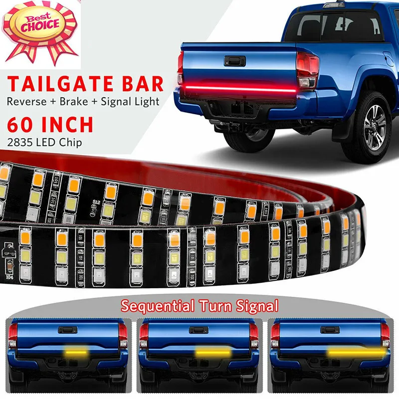 60Inch Triple Row LED Tailgate Light Bar Sequential Turn Signal Brake Lamp Rear