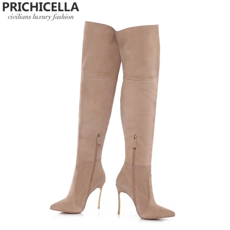 PRICHICELLA/коричневые женские облегающие высокие сапоги из натуральной кожи на Железном каблуке; высокая обувь в гладиаторском стиле; size34-42