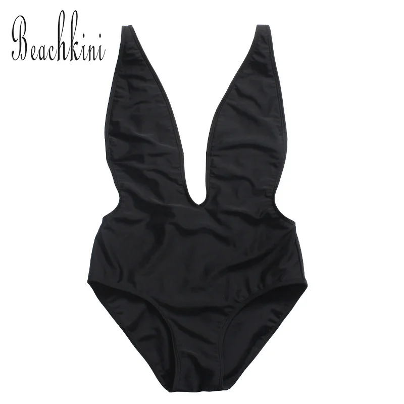 

2018 Women Swimwear Sexy One Piece Swimsuits Black Beach Costume Deep V Bathing Suits Solid Monokini Swimming Suit 3XL