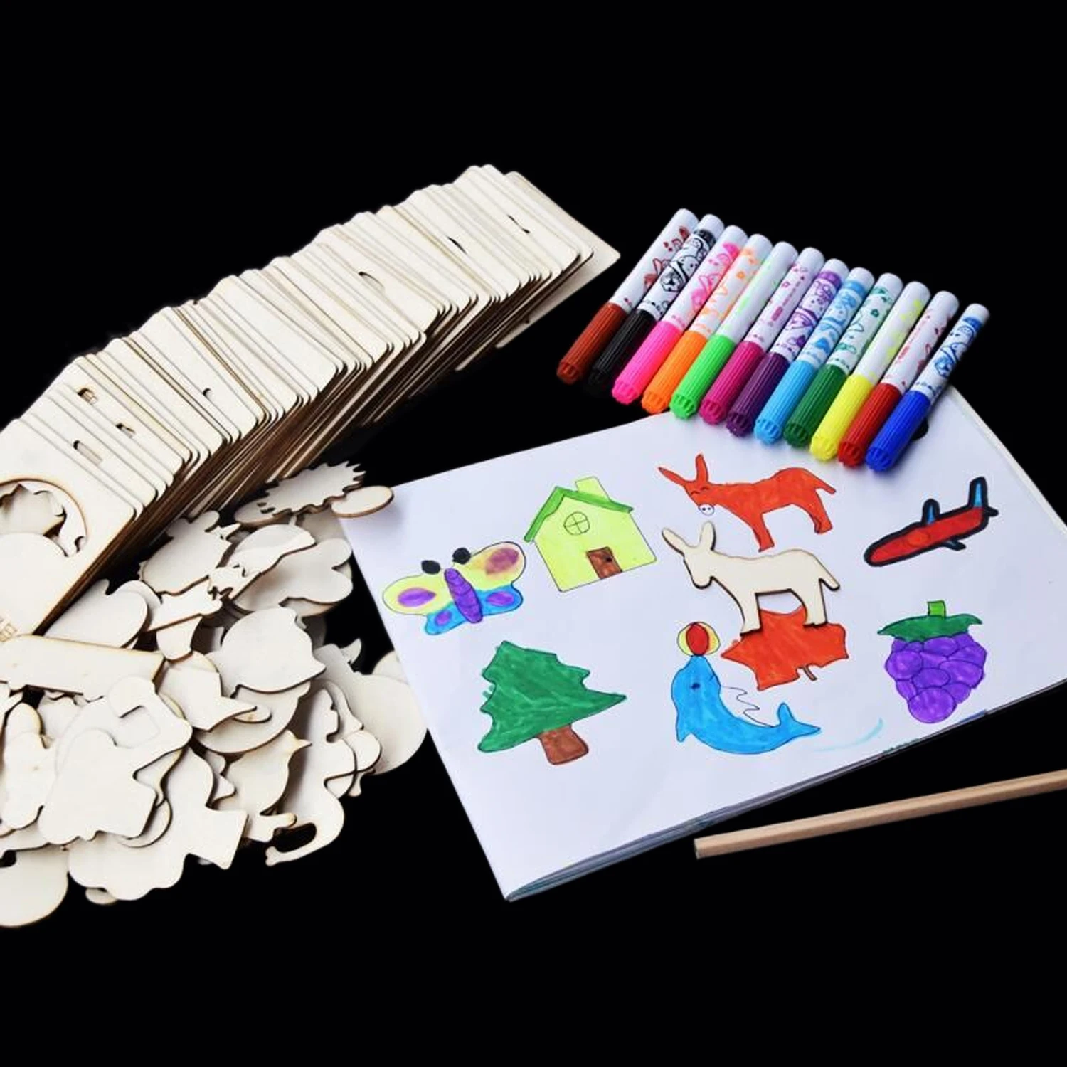 Дети 120 шт DIY мультфильм Деревянный чип шаблоны для рисования трафарет для рисования с акварельной кисточкой ручка живопись граффити раскраски игрушки