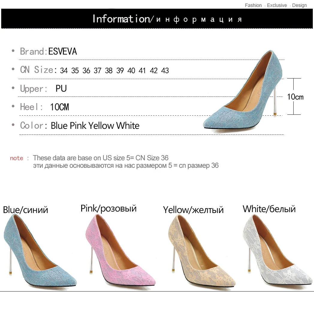 ESVEVA 2019 Women Pumps Slip on Pointed Toe PU Leather+Lace Thin Super High Heel Fashion Shallow Shoes Spring/Autumn Size34-43 ESVEVA 2019 Women Pumps Slip on Pointed Toe PU Leather+Lace Thin Super High Heel Fashion Shallow Shoes Spring/Autumn Size34-43